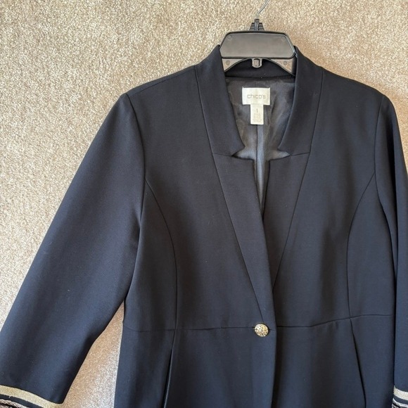 Chico's Black Blazer Jacket Size 8 Medium Gold Button Embroidered‎ Long - Picture 4 of 13